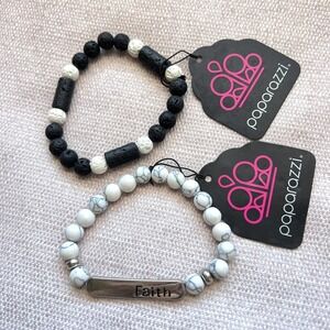 Lot of 2 PAPARAZZI Beaded Stretch Bracelets Black / Off White‎